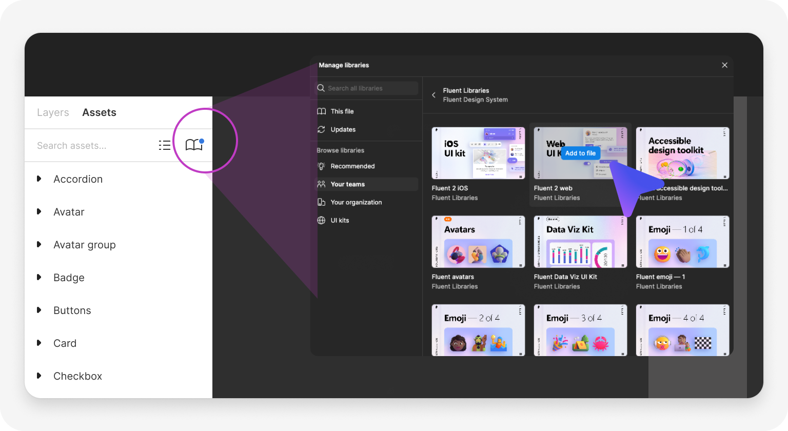 Figma libraries panel with Fluent libraries enabled
